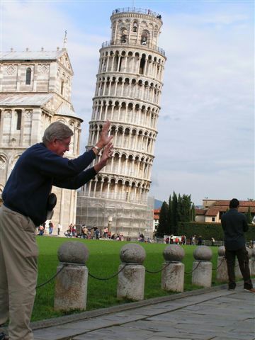 Dale pushing over the Leaning Tower of Pisa